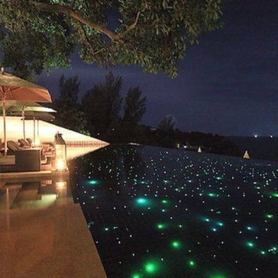 Fibre optic swimming pool lighting kit with 45W illuminator, 150m fibre optic cable, and 50 crystal tail lights – safe underwater lighting solution