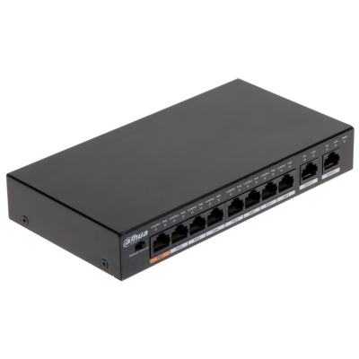 Dahua DH-PFS3010-8ET-65 10-Port Desktop PoE Switch Packaging – 250M Range, Watchdog Support, and Compact Design